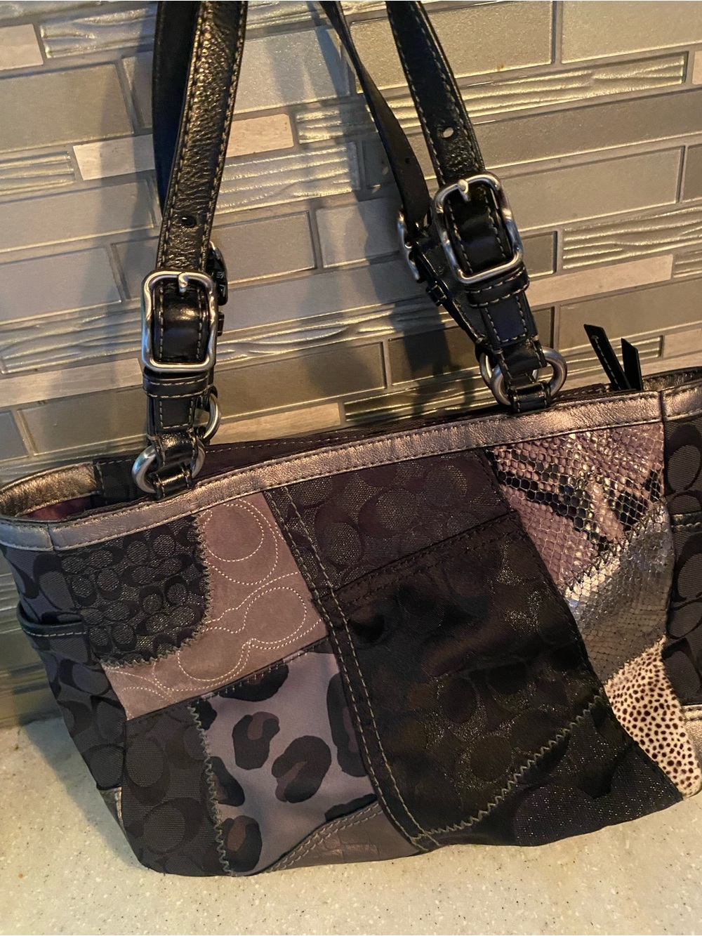 Patchwork Shoulder Coach Tote in Black and Gray